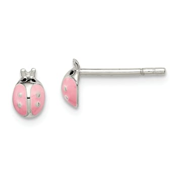 Sterling Silver Black/Pink Enamel Ladybug Children's Post Earrings