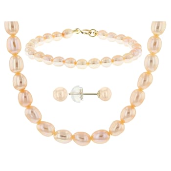 14k Yellow Gold Childrens Natural Pink Cultured Freshwater Pearl Set