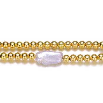 Baroque Pearl And Ball Bead Link Stretchable Bracelet In 14K Gold Over Brass
