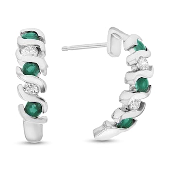 0.76ctw Emerald and Diamond J-Hoop Earrings in 14k White Gold