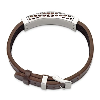 Brown Leather and Stainless Steel Red Agate 7-9-inch Bracelet