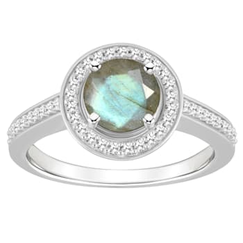 7mm Round Labradorite 1/5 ctw Diamond Rhodium Over Sterling Silver Halo Ring