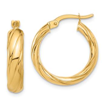 14k Yellow Gold Polished and Textured 13/16" Hoop Earrings
