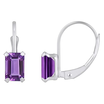 6x4mm Emerald Cut Amethyst Rhodium Over 10k White Gold Drop Earrings