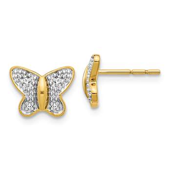14k Yellow Gold and Rhodium Over 14k Yellow Gold Diamond Butterfly Stud Earrings