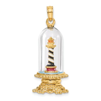 14k Yellow Gold Enameled 3D Lighthouse In Glass Dome Charm