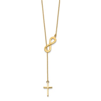 14K Yellow Gold Polished Infinity and Cross Lariat Necklace