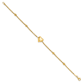 14k Yellow Gold Polished and Diamond-Cut Beaded Puffed Heart Bracelet