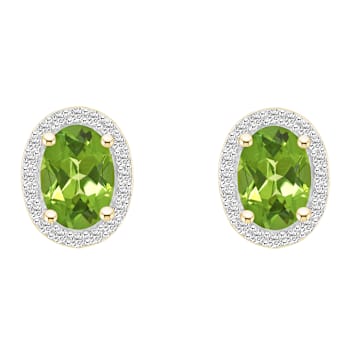 7x5mm Oval Peridot And Created White Sapphire 10k Yellow Gold Halo Stud Earrings
