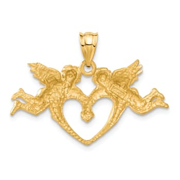 14k Yellow Gold Satin and Diamond-Cut Angels Heart Pendant
