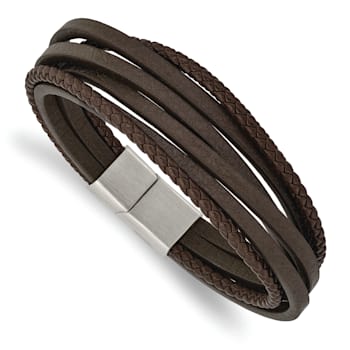 Brown Leather and Stainless Steel Brushed Multi Strand 8-inch Bracelet