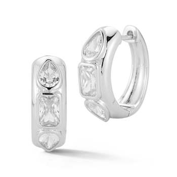 Rachel Zoe White CZ 3-Stone Hoop Earrings in Rhodium Over Sterling Silver