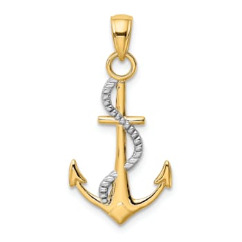14k Two-tone Gold Polished Textured Anchor with Rope Pendant