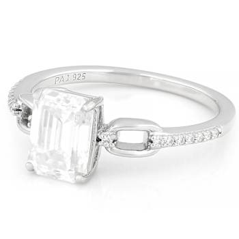 Moissanite Emerald-Cut Engagement Ring In Platinum-Enhanced Sterling Silver