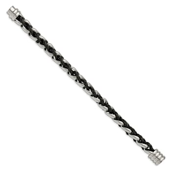 Black Leather and Stainless Steel Polished 8-inch Bracelet