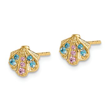 14k Yellow Gold Children's Blue and Pink Cubic Zirconia Seashell Stud Earrings