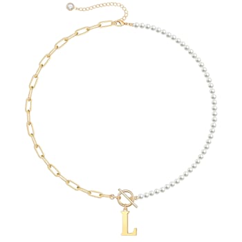 14K Gold Over Brass Initial Pearl Simulant Link Chain Necklace Letter L