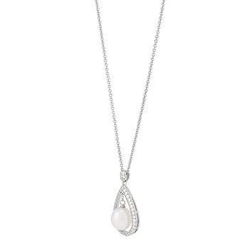 8.5-9mm Round White Freshwater Pearl and Cubic Zirconia Sterling Silver
Drop Pendant with Chain