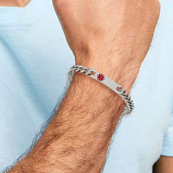 Stainless Steel Polished with Red Enamel 9.5-inch Medical ID Bracelet