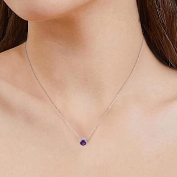 Dark Purple Amethyst with White Topaz Halo Rhodium Over Sterling Silver Necklace