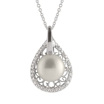 10-11mm Button White Cultured Freshwater Pearl and CZ Rhodium Over
Sterling Silver Pendant
