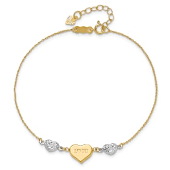 14k Two-tone Gold Puffed Love Heart and Diamond-Cut Hearts Bracelet