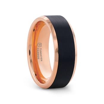 HAYDEN Rose Gold Plated Tungsten Polished Beveled Ring with Brushed
Black Center 8mm