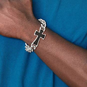 Stainless Steel Polished Black Carbon Fiber Inlay Cross Bracelet