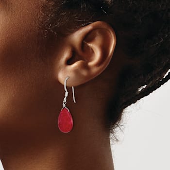 Sterling Silver Polished Faceted Red Jadeite Teardrop Dangle Earrings