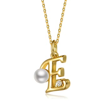 Initial E Pear Shape CZ And Pearl Pendant Necklace In 14K Gold Over Brass