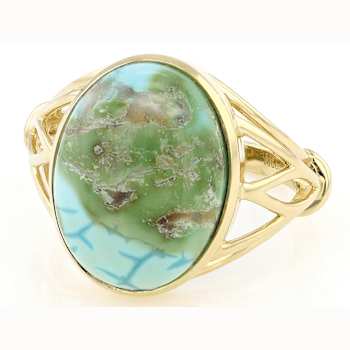 Bi-Color Turquoise Oval Ring In 18K Gold Over Sterling Silver 16x12mm