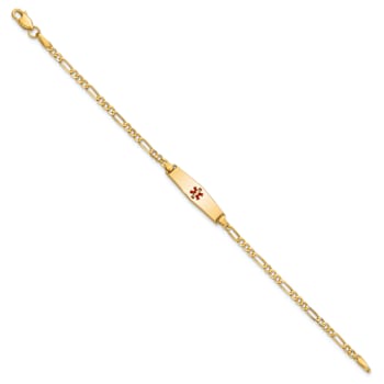 14k Yellow Gold Medical Soft Diamond Shape Red Enamel Figaro Link ID Bracelet