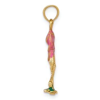 14k Yellow Gold Pink and Green Enameled Flamingo Pendant