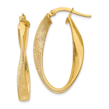 14k Yellow Gold Satin 3/8" Oval Twisted Hoop Earrings
