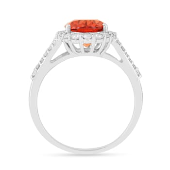 Peach Orange Lab Created Oval Padparadscha Sapphire Halo Ring in Rhodium
Over Sterling Silver