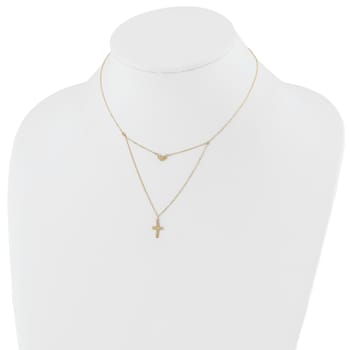14K Yellow Gold Polished 2-Strand Diamond-cut Cross and Heart with
2-inch Extension Necklace