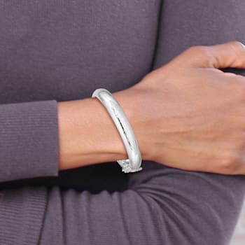 Rhodium Over Sterling Silver Diamond-cut 10.25mm Hinged Bangle Bracelet