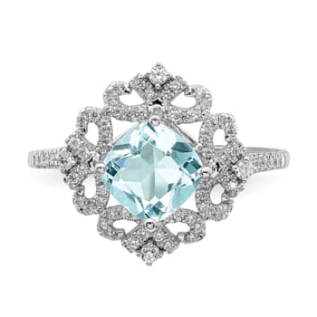 Rhodium Over 14K White Gold Aquamarine Vintage Diamond Halo Engagement Ring