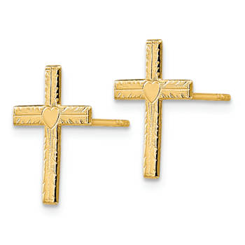 14k Yellow Gold Polished and Satin Heart Cross Earrings