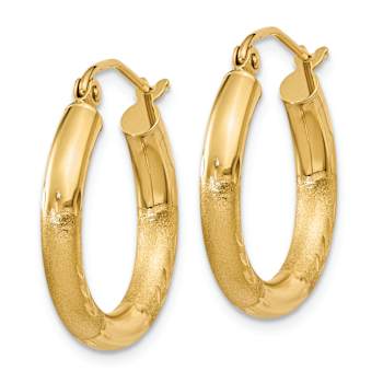14k Yellow Gold 13/16" Satin and Diamond-Cut Round Hoop Earrings