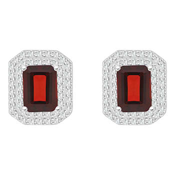 8x6mm Emerald Cut Garnet And White Topaz Accent Rhodium Over Sterling
Silver Double Halo Earrings