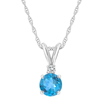 5mm Round Blue Topaz with Diamond Accent 14k White Gold Pendant With Chain