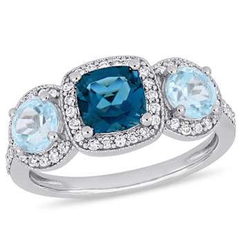2.17ctw London Blue and Sky Blue Topaz with.33ctw Diamond 3-Stone Ring
in Sterling Silver