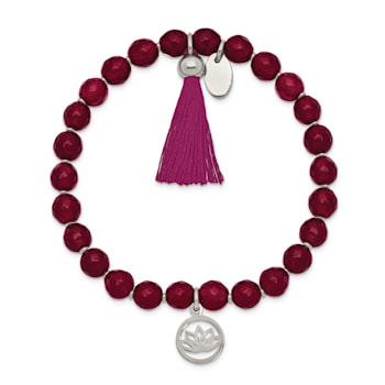 Stainless Steel Polished Lotus with Tassel Pink Jade Beaded Stretch Bracelet