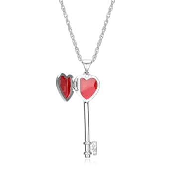 White Diamond Accent Rhodium Over Sterling Silver Heart Key Locket
Pendant With Chain