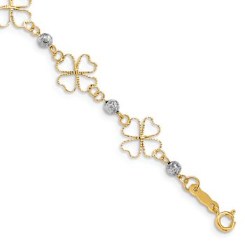 14k Two-tone Gold Diamond-Cut Open Clovers and Beads Link Bracelet