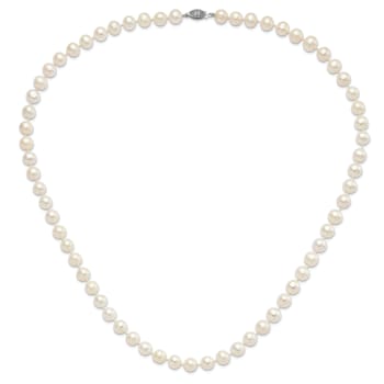 Rhodium Over Sterling Silver  9-10mm White Freshwater Cultured Pearl Necklace