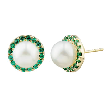 7-7.5mm Round White Freshwater Pearl and Emerald 10K Yellow Gold Halo
Stud Earrings