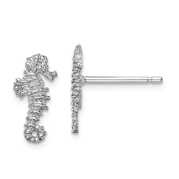 Rhodium Over 14k White Gold Textured Mini Seahorse Stud Earrings