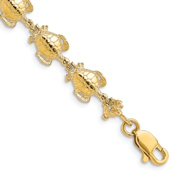 14k Yellow Gold Polished and Textured Sea Turtle Link Bracelet